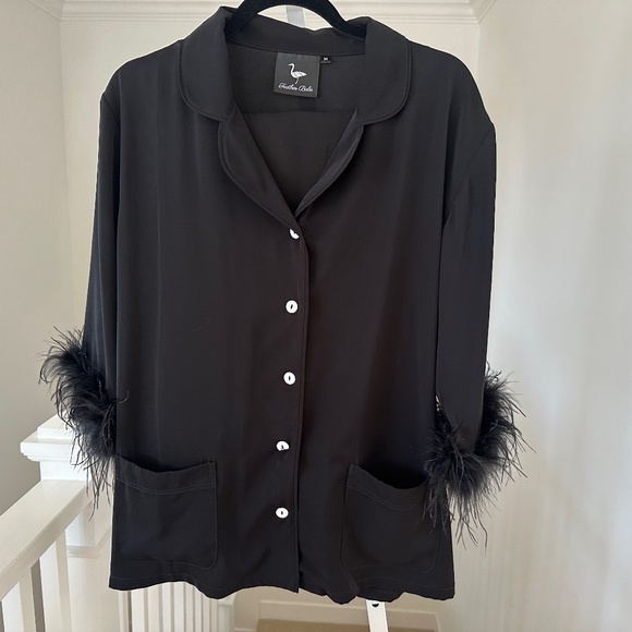 Elegant Black Feather Trim Pajama Set - Picture 4 of 13